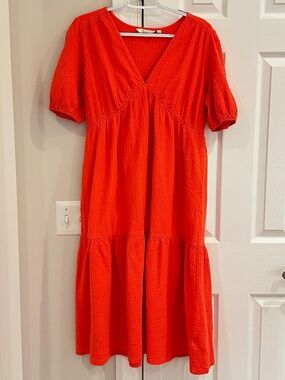 Boden Orange Seersucker V-Neck Dress - Size 8